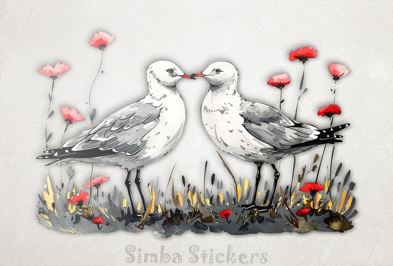 Seagulls in love beak-to-beak, watercolour, wsctc4