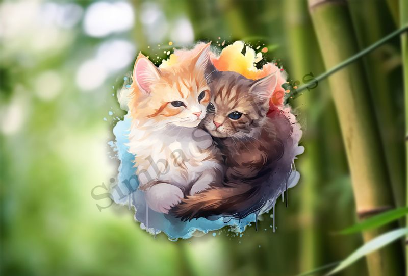 Cats cuddling, watercolour