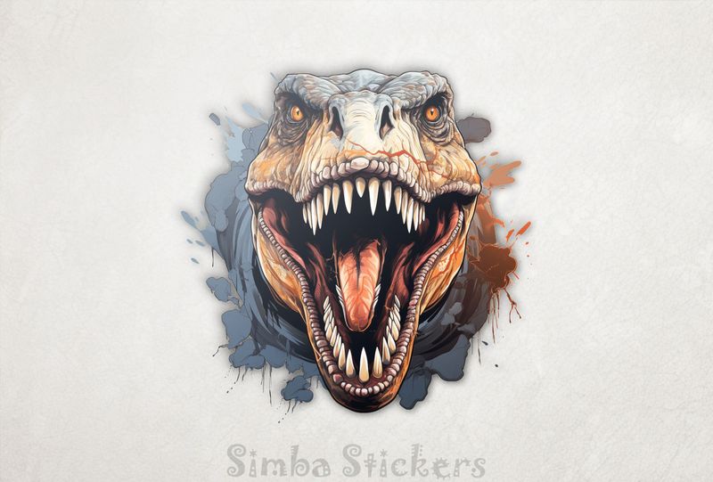 Dinosaur with mouth wide open and bloodied upper lip