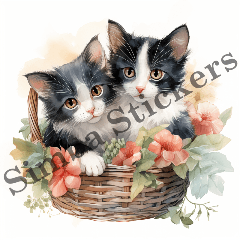 Japanese Bobtail cats cuddling in basket, image set, 10 images
