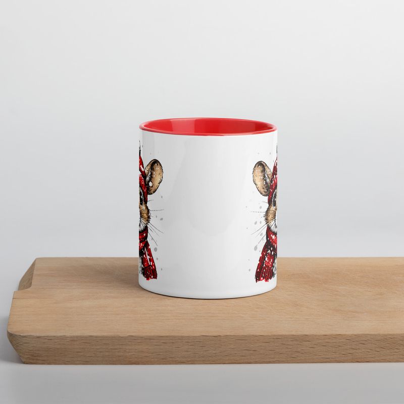 White Ceramic Mug with Color Inside, 11&amp;15oz, Mouse wearing red winter hat and scarf in snow, xg8dl3