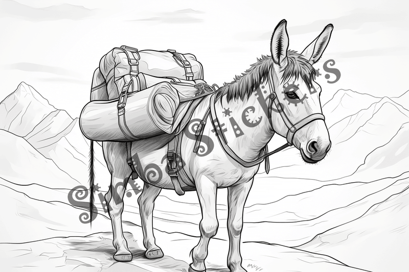 Colouring pages, bundle of donkeys carrying goods or people 10 images