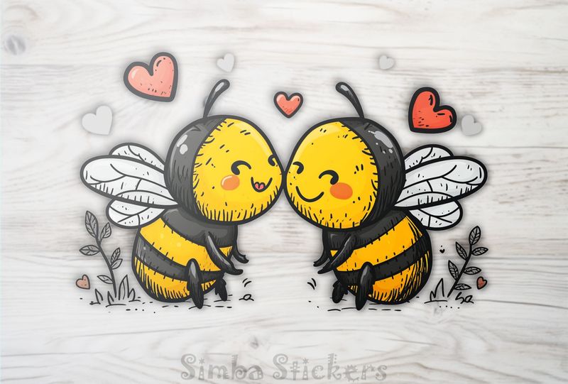 Bees in love cheek-to-cheek, with romantic hearts, watercolour