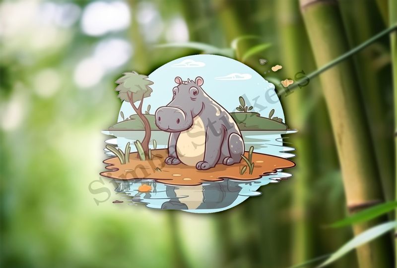 Cute hippo on an island in a pond