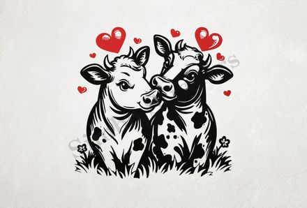 Bull and cow in love, hearts in picture, outline art