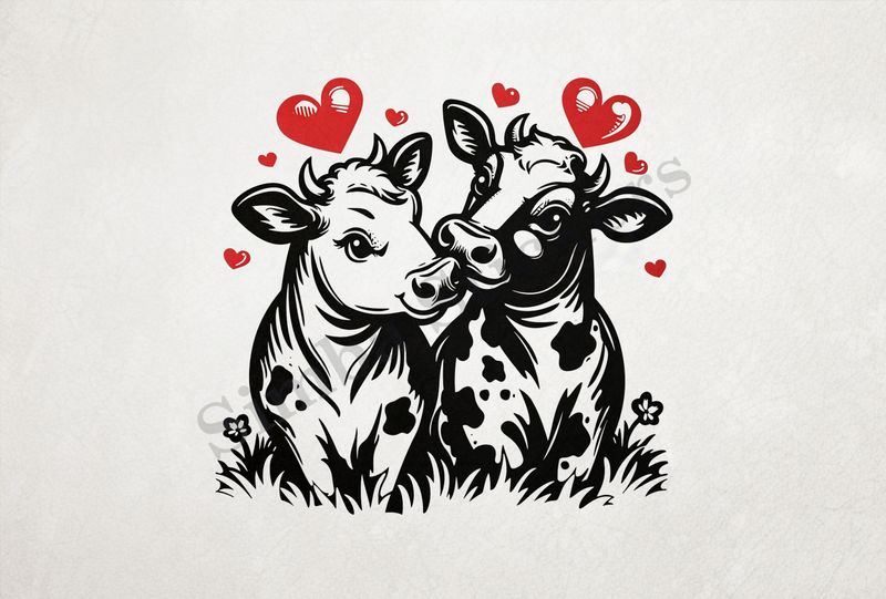 Bull and cow in love, hearts in picture, outline art