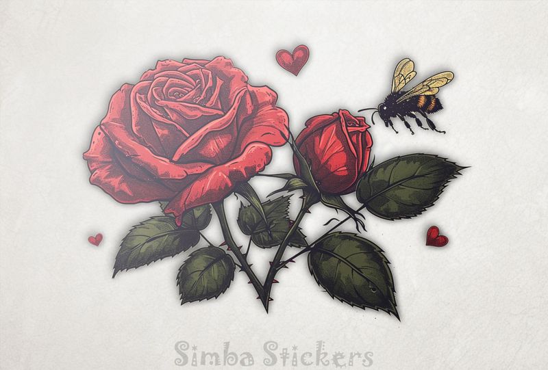 Bee approaching a red rose flower