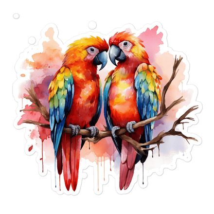 Sticker 5.5x5.5, Parrots in love perching nose-to-nose in pinkish background, watercolour, cpi3i9