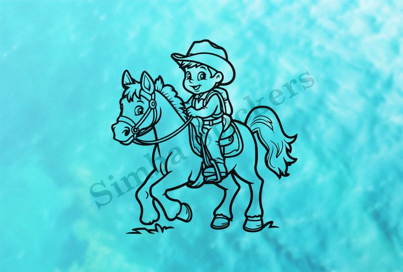 Horse carrying a small cowboy, outline art