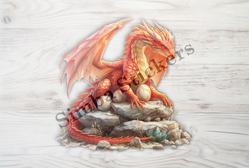 Red dragon brooding. extending arms over her eggs, watercolour