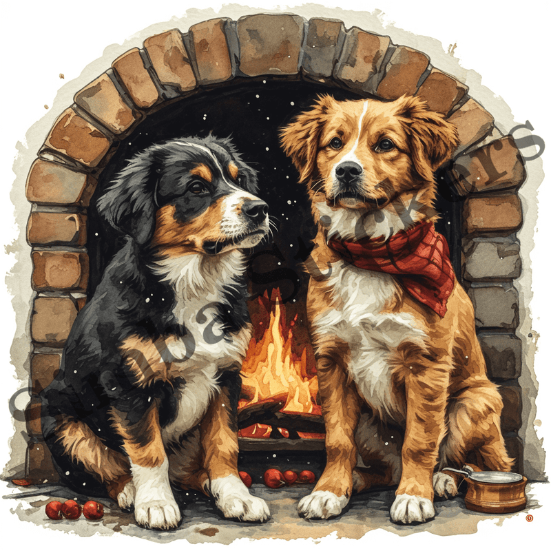 Dogs cuddling by fireplace, image set, 10 images