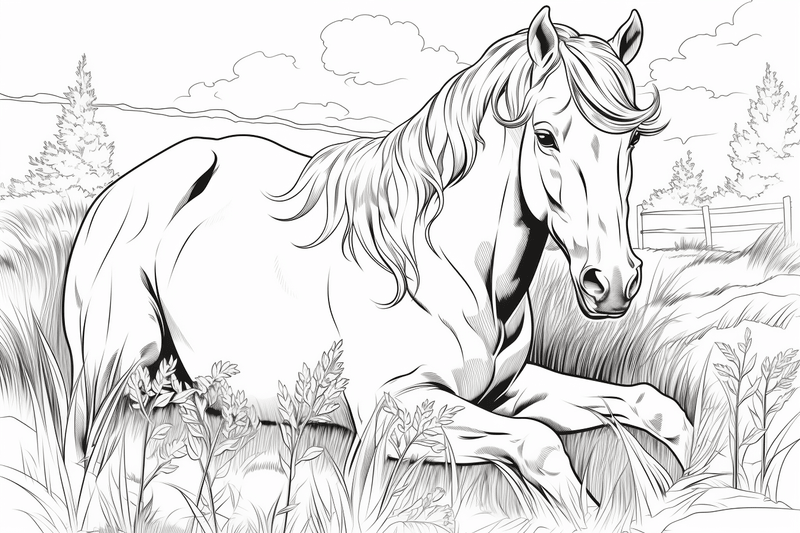 Colouring pages, bundle of horses on stomach, 10 images