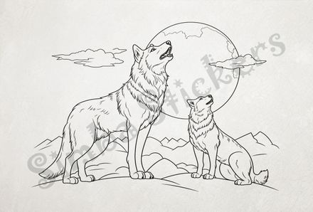 Wolves howling at the moon, mountaintops in the backgroung, outline art