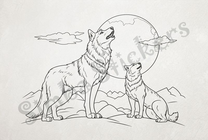 Wolves howling at the moon, mountaintops in the backgroung, outline art