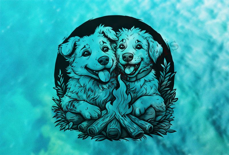 Dogs cuddling by the bonfire, outline art