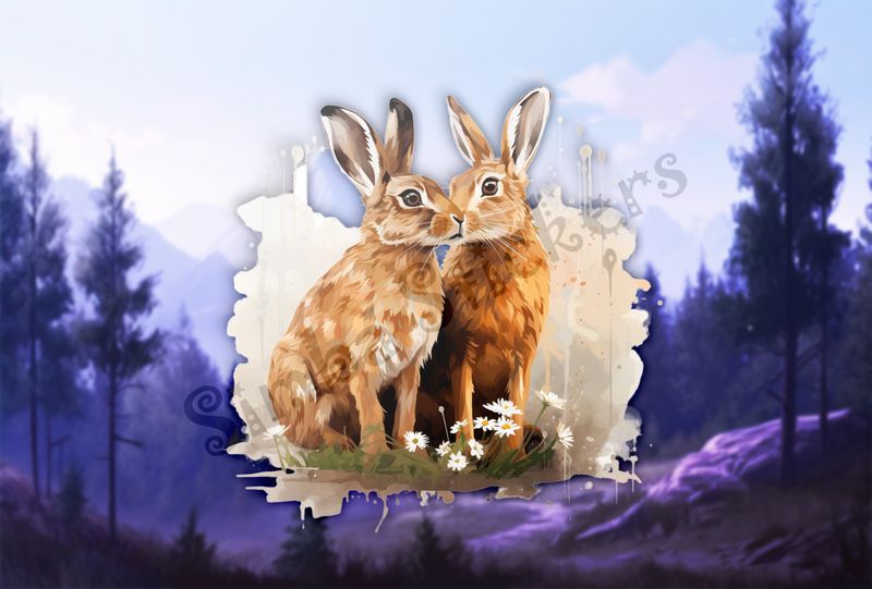 Hares nose-to-nose in lily flowers