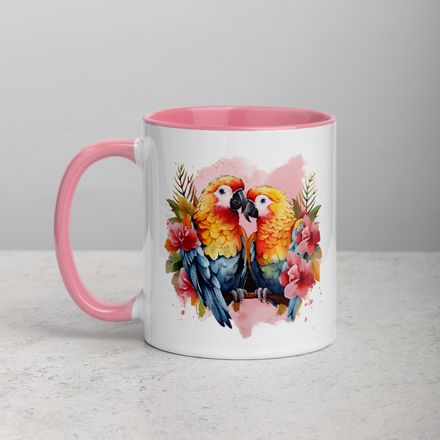 White Ceramic Mug with Color Inside, 11&amp;15oz, Parrots in love among flowers in pinkish, nvcywh