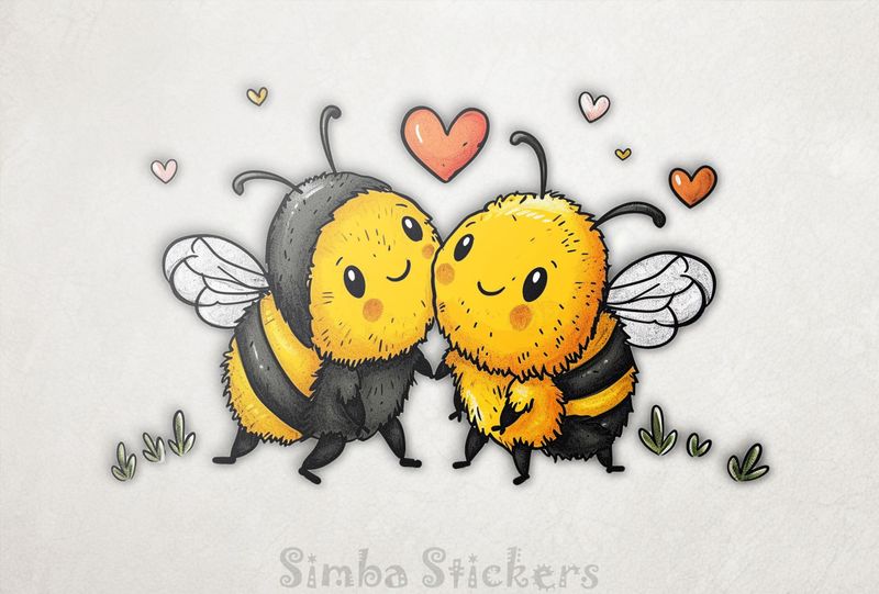 Bees in love cheek-to-cheek, with romantic heart above them, watercolour