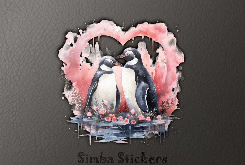 Penguins in love beak-to-beak in romantic flowers, watercolour, 0cqdo6