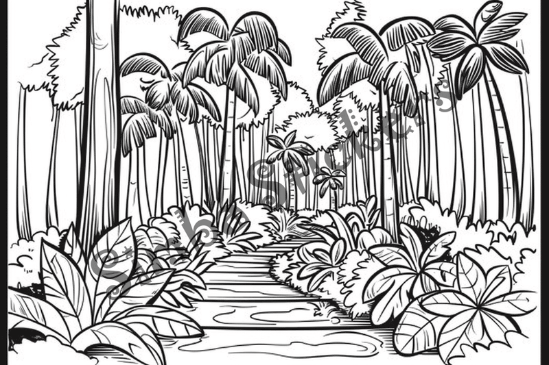 Colouring pages, bundle of Equatorial Rainforest landscape, 25 images 2