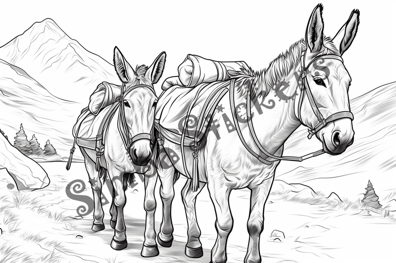 Colouring pages, bundle of donkeys carrying goods or people 10 images