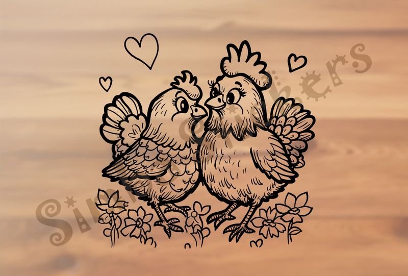 Rooster and hen chicken in love, romantic hearts, outline art