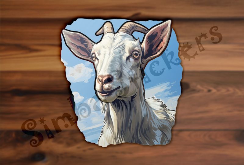 White goat standing against blue sky background