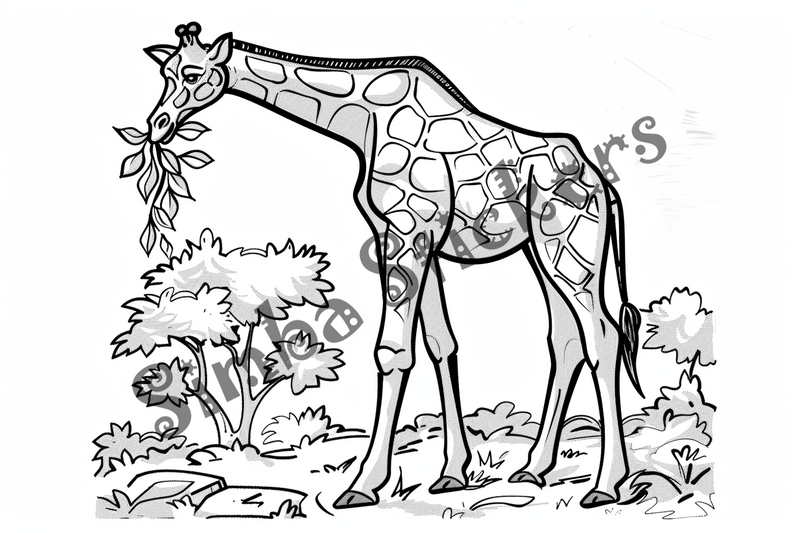 Colouring pages, bundle of giraffes towering above trees and shrubs, 10 images