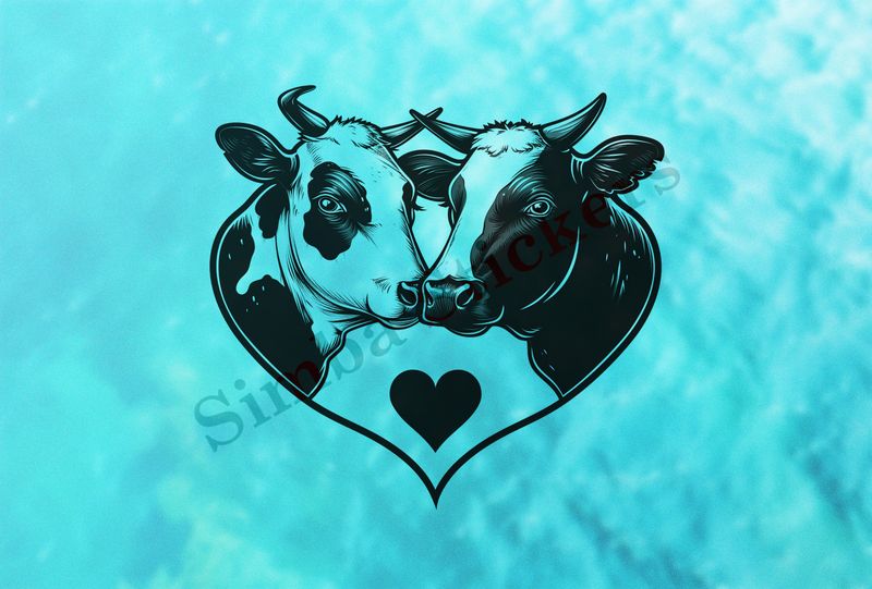 Bull and cow cheek-to-cheek, heart in picture, outline art