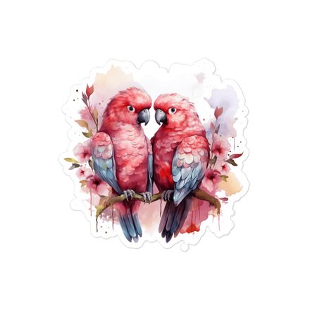 Sticker 4x4, Reddish parrots perching in pinkish background, watercolour, kzebwr