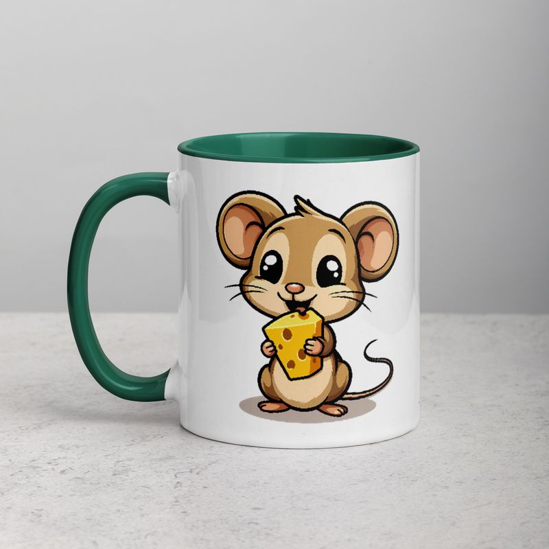 White Ceramic Mug with Color Inside,11&amp;15oz,Small Mouse happily licking large chunk of cheese,pqapy6