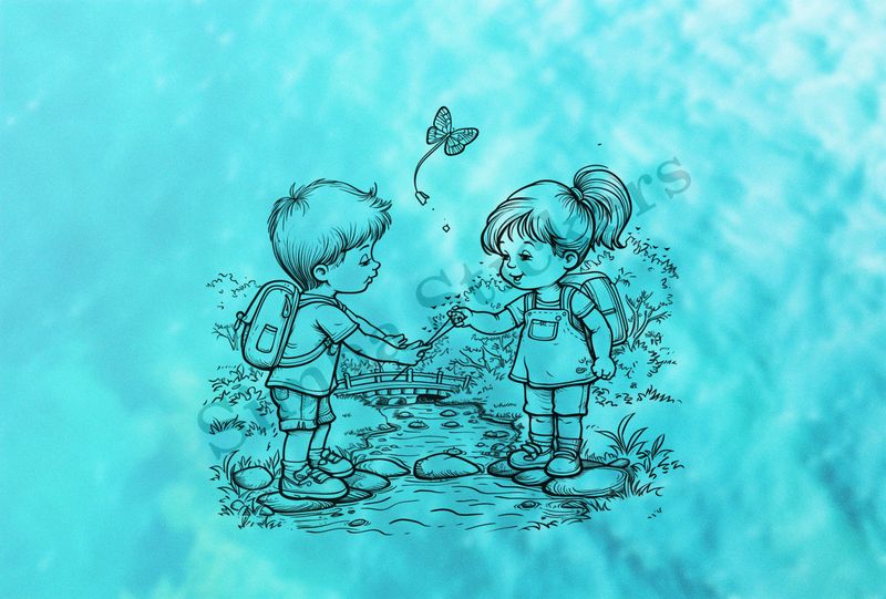 Boy and girl  standing on rocks in a shallow river, outline art