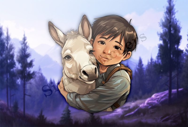 Donkey hugged by small child of Asian origin