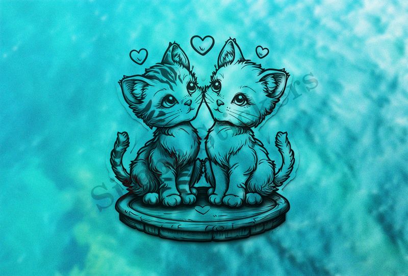 Cats in love, on wooden stand, outline art
