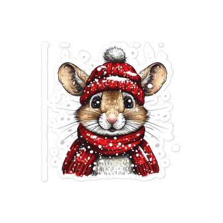 Sticker 4x4, Mouse wearing red winter hat and scarf in the snow, xg8dl3