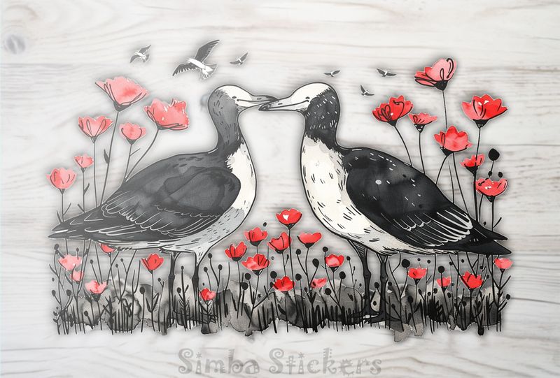 Seagulls in love beak-to-beak among flowers, watercolour, yloot2