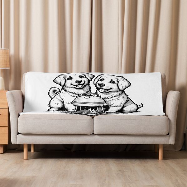 Sublimated Sherpa Blanket, Dogs cuddling by a charcoal