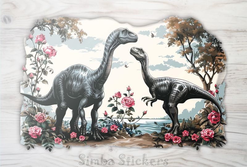 Dinosaurs in love with flowery setting, watercolour vintage