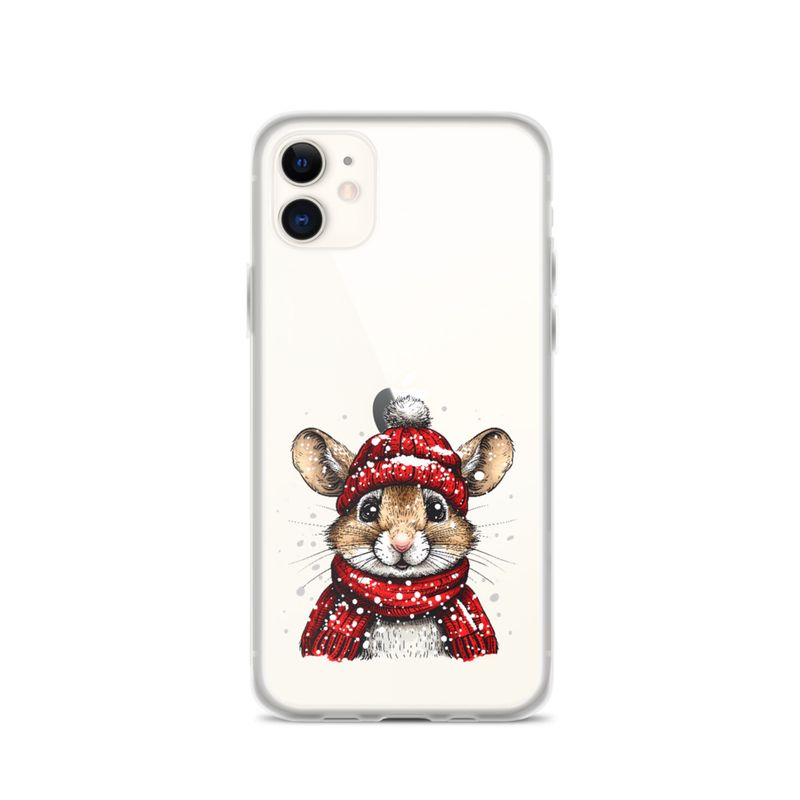 Clear Case for iPhone, Mouse wearing red winter hat and scarf in the snow, xg8dl3