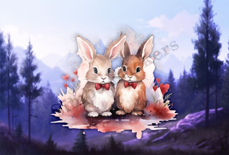 Bunnies with bowties in love, watercolour