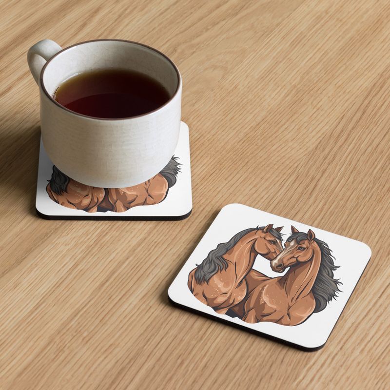 Cork-Back Coaster, Two brown horses snuggling, tdwcyd, mirrored
