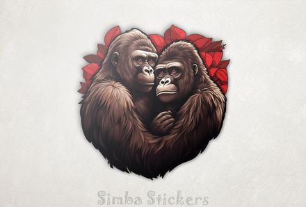Gorillas in love arm-in-arm in red flowers, 9cczp5