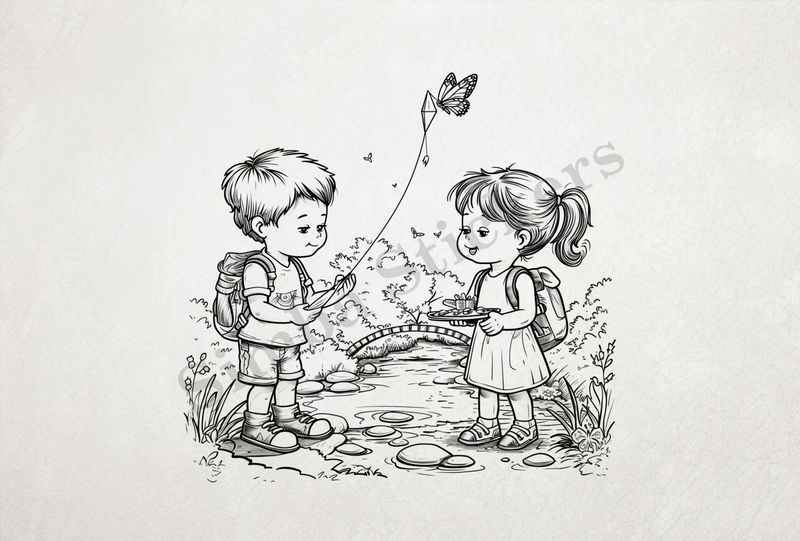 Boy and girl flying a kite while standing on rocks in a shallow river, outline art