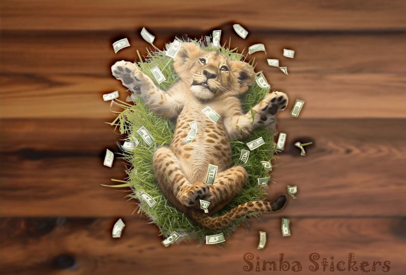 Simba Lion cub lying down surrounded by money in the air