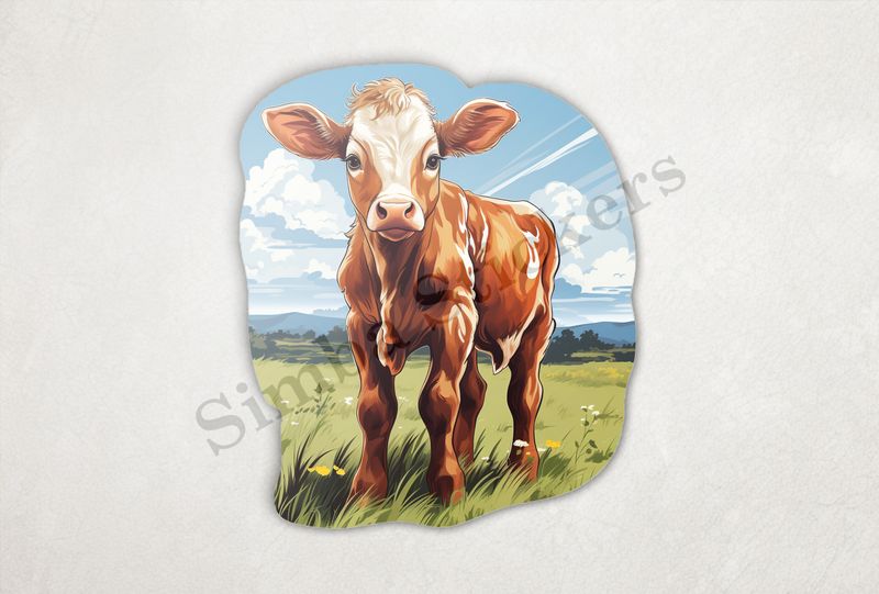 Cattle calf in a field of grass under cloudy sky