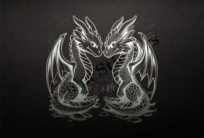 Baby dragons nose-to-nose in love, wings slightly extended, outline art