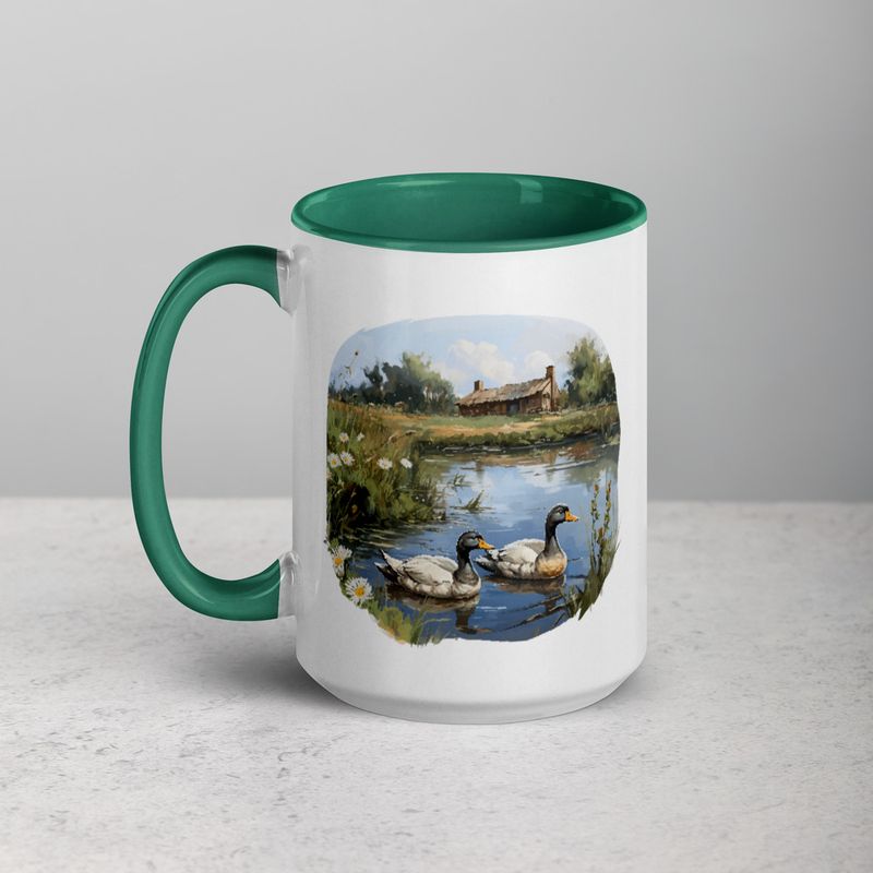 White Ceramic Mug with Color Inside, 11 &amp;15oz, Ducks in love swimming in farmhouse pond 