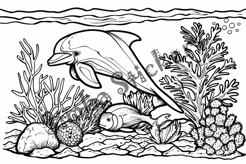 Colouring pages, bundle of dolphins under water, 10 images