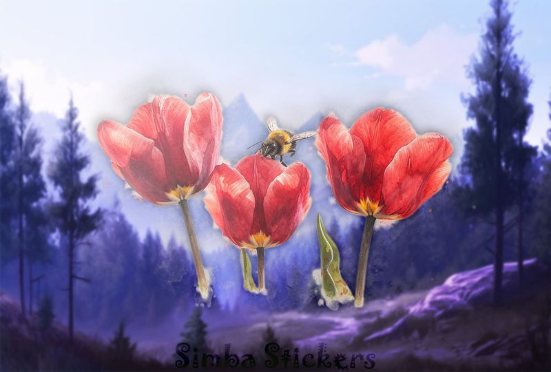 Bees above middle tulip in a row, watercolour
