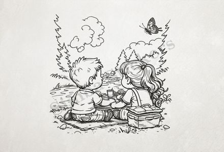 Boy and girl  having a picnic by the river bank, outline art